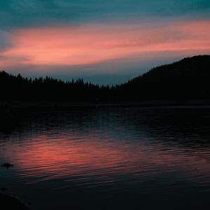 Preview wallpaper lake, sunset, horizon, evening, trees