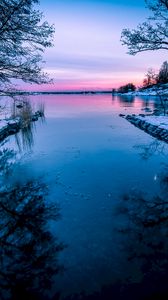 Preview wallpaper lake, sunset, horizon, winter