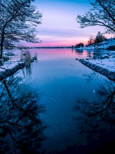 Preview wallpaper lake, sunset, horizon, winter