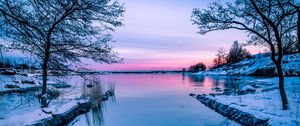 Preview wallpaper lake, sunset, horizon, winter