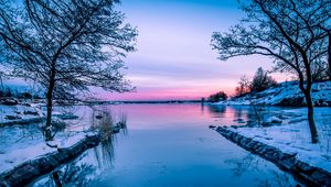 Preview wallpaper lake, sunset, horizon, winter