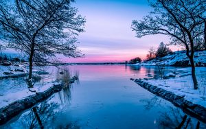 Preview wallpaper lake, sunset, horizon, winter