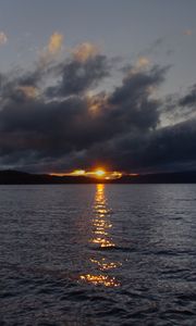 Preview wallpaper lake, sunset, landscape, clouds, dark