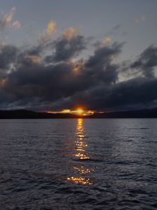 Preview wallpaper lake, sunset, landscape, clouds, dark