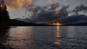 Preview wallpaper lake, sunset, landscape, clouds, dark