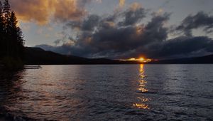 Preview wallpaper lake, sunset, landscape, clouds, dark