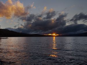 Preview wallpaper lake, sunset, landscape, clouds, dark