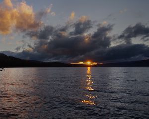 Preview wallpaper lake, sunset, landscape, clouds, dark
