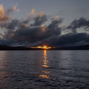 Preview wallpaper lake, sunset, landscape, clouds, dark