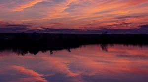 Preview wallpaper lake, sunset, landscape, twilight, reflection, dark