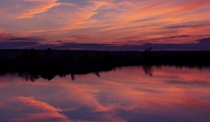 Preview wallpaper lake, sunset, landscape, twilight, reflection, dark