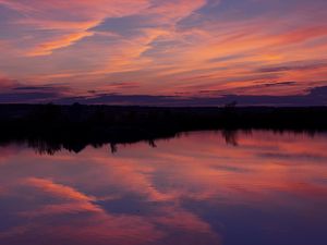 Preview wallpaper lake, sunset, landscape, twilight, reflection, dark