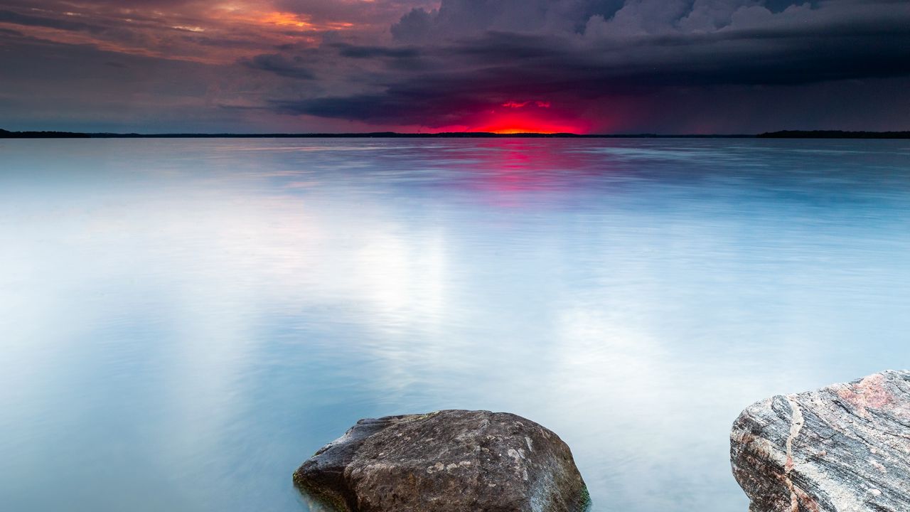 Wallpaper lake, sunset, landscape, water, stones, horizon