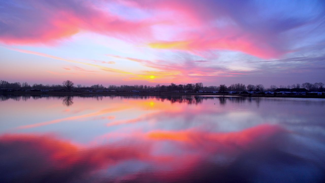 Wallpaper lake, sunset, reflection, sky, horizon