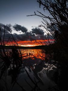 Preview wallpaper lake, sunset, sky, grass, yellowstone national park, united states