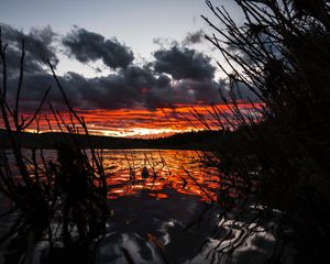 Preview wallpaper lake, sunset, sky, grass, yellowstone national park, united states