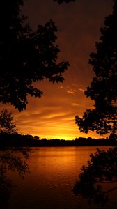 Preview wallpaper lake, sunset, trees, horizon, evening