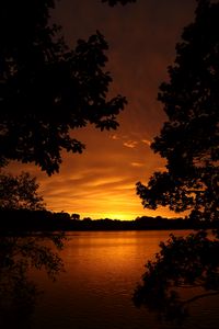 Preview wallpaper lake, sunset, trees, horizon, evening