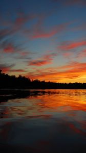 Preview wallpaper lake, sunset, water, forest, trees, dark