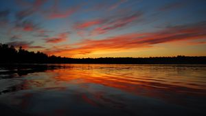 Preview wallpaper lake, sunset, water, forest, trees, dark