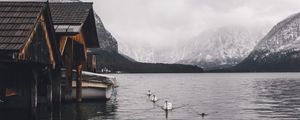 Preview wallpaper lake, swans, mountains, house, boat