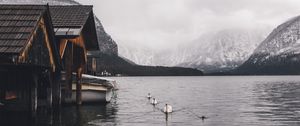 Preview wallpaper lake, swans, mountains, house, boat