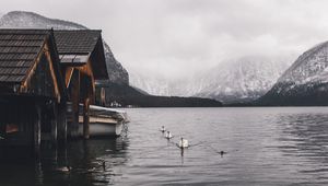 Preview wallpaper lake, swans, mountains, house, boat