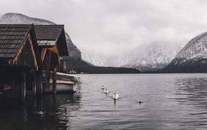 Preview wallpaper lake, swans, mountains, house, boat