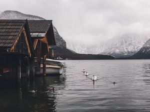 Preview wallpaper lake, swans, mountains, house, boat