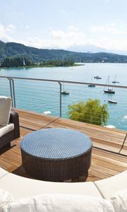 Preview wallpaper lake, terrace, balcony, view, mountains, recreation