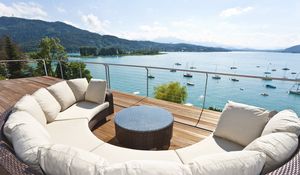 Preview wallpaper lake, terrace, balcony, view, mountains, recreation