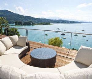 Preview wallpaper lake, terrace, balcony, view, mountains, recreation