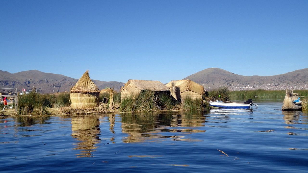 Wallpaper lake titicaca, boat, grass, sky