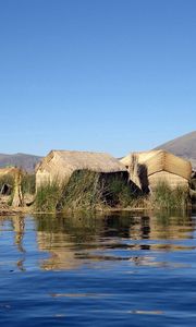 Preview wallpaper lake titicaca, boat, grass, sky
