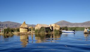 Preview wallpaper lake titicaca, boat, grass, sky