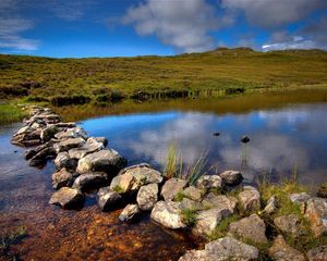 Preview wallpaper lake, track, stones, crossing, scotland