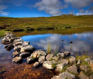 Preview wallpaper lake, track, stones, crossing, scotland