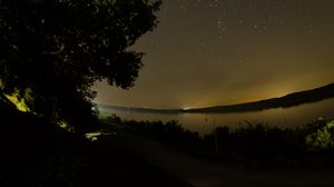 Preview wallpaper lake, tree, stars, night, dark