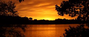 Preview wallpaper lake, tree, sunset, branches, horizon, sky, landscape