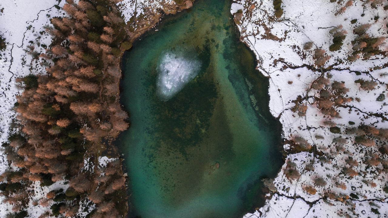 Wallpaper lake, trees, aerial view, snow, winter