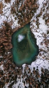Preview wallpaper lake, trees, aerial view, snow, winter