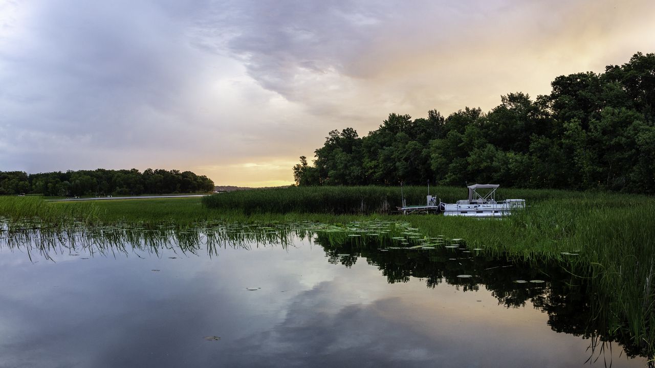 Wallpaper lake, trees, boat, twilight, landscape