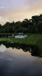 Preview wallpaper lake, trees, boat, twilight, landscape