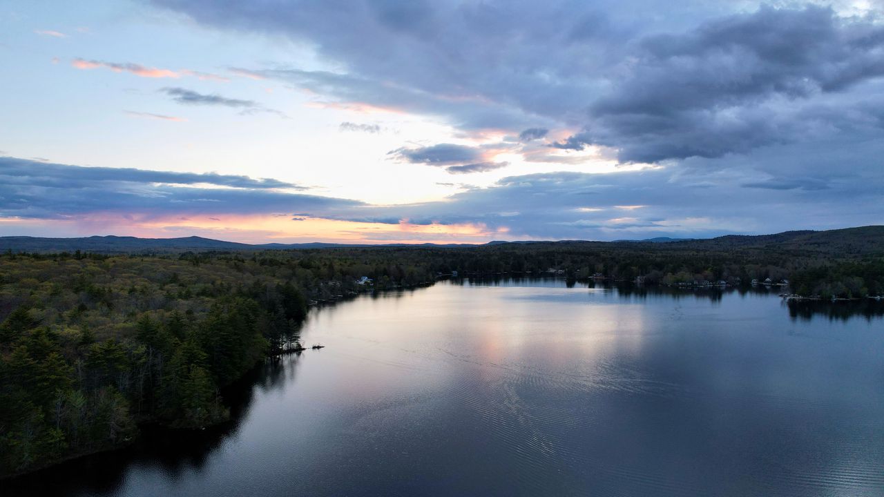 Wallpaper lake, trees, clouds, aerial view, landscape