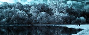 Preview wallpaper lake, trees, clouds, dark, black-and-white