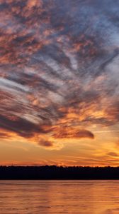 Preview wallpaper lake, trees, clouds, sky, sunrise