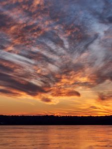 Preview wallpaper lake, trees, clouds, sky, sunrise