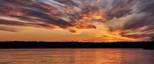 Preview wallpaper lake, trees, clouds, sky, sunrise