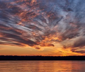 Preview wallpaper lake, trees, clouds, sky, sunrise