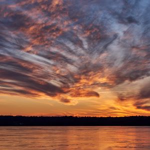 Preview wallpaper lake, trees, clouds, sky, sunrise